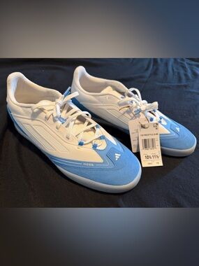 adidas White and Light Blue Messi Indoor Soccer Shoes